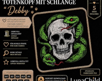 Stickdatei Totenkopf mit Schlange „Debby“ – Skull Snake Embroidery Design – 5 & 6 Größen – LunaChild