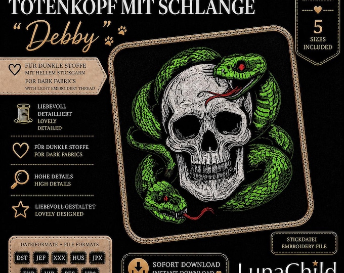 Stickdatei Totenkopf mit Schlange „Debby“ – Skull Snake Embroidery Design – 5 & 6 Größen – LunaChild