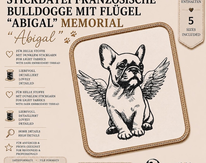 Stickdatei Französische Bulldogge mit Flügel „Abigal“ – French Bulldog Embroidery Design –5 Größen – LunaChild