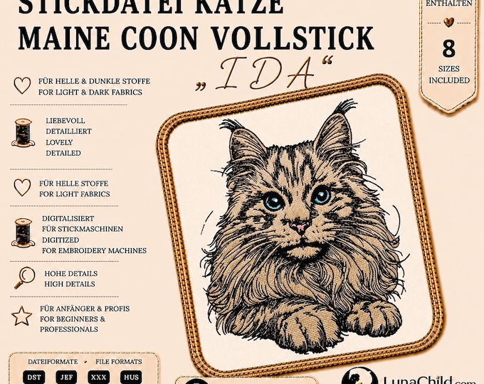 Stickmotiv Katze Maine Coon Vollstick „Ida“ – 8 Größen – LunaChild