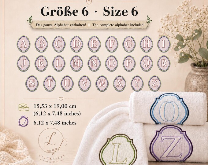 A–Z Alphabet  • Embossed Monogram • Raised Initial Letters • Size No. 6 • 15.53 x 19.00 cm (6.12 x 7.48 inches) • LunaChild