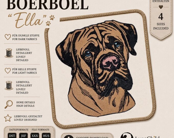 Boerboel "Ella" full embroidery design – Boerboel Embroidery Design – 4 sizes – LunaChild