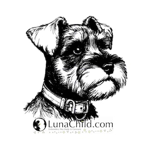 May include: Black and white line drawing of a miniature schnauzer dog wearing a leather collar. The dog is looking to the right of the image. The image includes the text "LunaChild.com" and "Embroidery files Made in Germany".