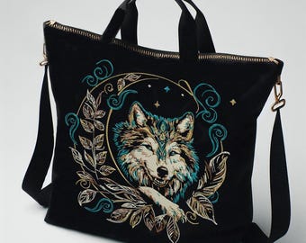 Wolf in the Moon Embroidery Design “Faolan” | Mystical Wolf Machine Embroidery for Black Fabric | 8 Sizes | 2 Versions