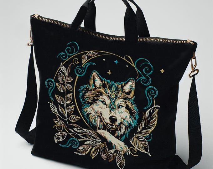 Wolf in the Moon Embroidery Design “Faolan” | Mystical Wolf Machine Embroidery for Black Fabric | 8 Sizes | 2 Versions