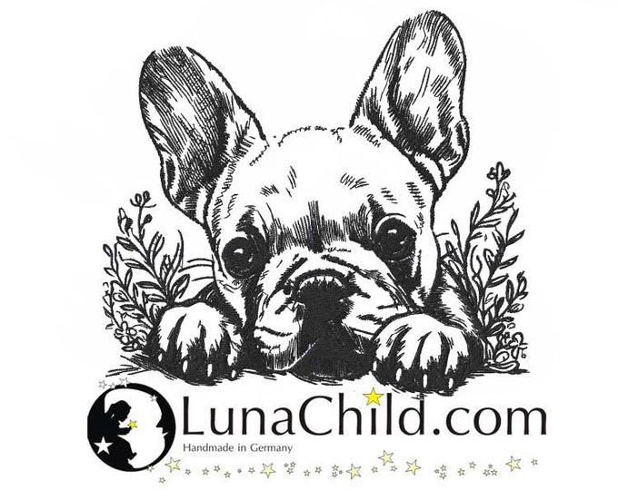 Stickdatei Französische Bulldogge "Mila" Vintige Welpe Hund spähend realistisch kommerzielle Nutzung LunaChild