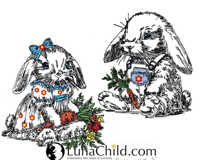 Set WENIGER STICHE - Stickdatei Hase "Wilma" & "Albert" LIGHT - für Helle Stoffe - LunaChild - 7 Größen -