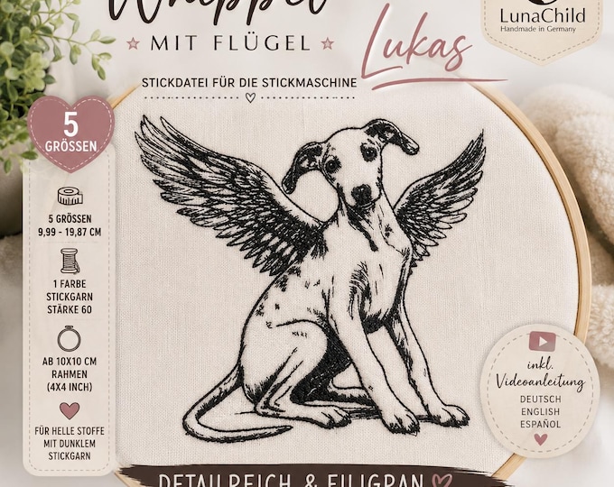 Whippet embroidery design with wings "Lukas" – Whippet Embroidery Design – Dog embroidery design – 5 sizes – LunaChild
