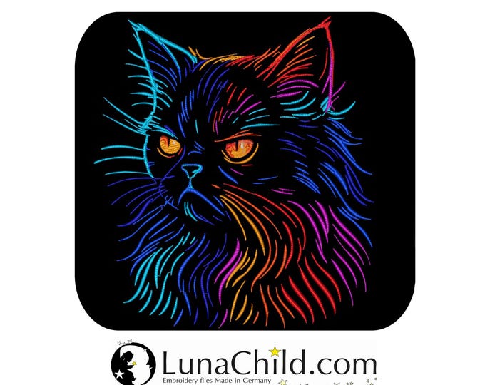 Stickdatei Katze "Zelda" – Aufwendig & detailreich – Für dunkle Stoffe – 10 Größen – cat embroidery design - LunaChild Design