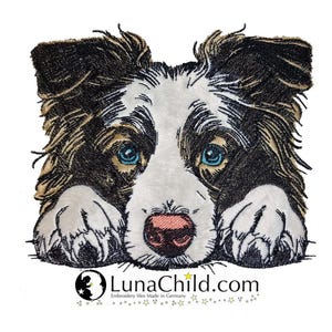 May include: Embroidered design of a black and white border collie dog with brown fur on its ears, looking at the viewer with blue eyes. The dog is resting its paws on a surface and has a pink nose.