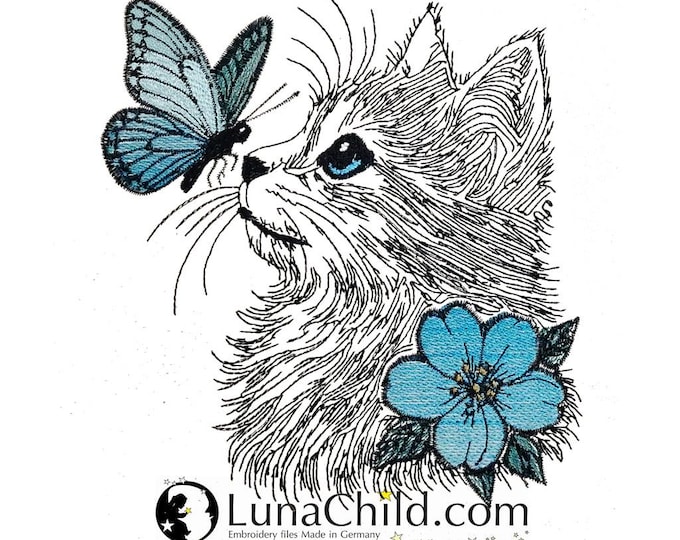 Stickdatei - Katze - Schmetterling - WENIGER STICHE - "Nova  - LIGHT - für helle Stoffe - in 10 Größen - LunaChild