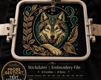 Wolf in the Moon Embroidery Design “Faolan” | Mystical Wolf Machine Embroidery for Black Fabric | 8 Sizes | 2 Versions