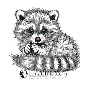 Pode incluir: Ilustração em preto e branco de um bebê de guaxinim com olhos azuis. O guaxinim está sentado em suas patas traseiras e segurando suas patas juntas na frente de seu rosto. O guaxinim tem um nariz preto e uma cauda listrada em preto e branco.