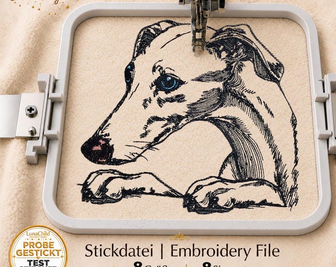 Dog Embroidery File “Hank” | Realistic Sighthound Head & Dog Portrait for Light Fabrics | 8 Sizes | 5 Colors