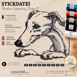 Sighthound Embroidery Design “Hank” | Realistic Dog Portrait for Light Fabric | 8 Sizes