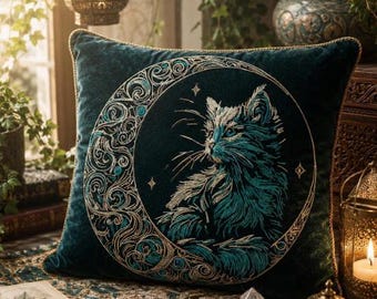 Longhair Cat in the Moon Embroidery Design “Marbel” | Mystical Cat Machine Embroidery for Black Fabric | 8 Sizes | 2 Versions
