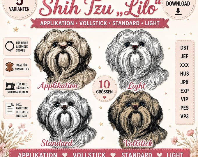 Stickmotiv Set Shih Tzu „Lilo“ – Applikation, Vollstick, Standard & Light – 10 Größen – LunaChild