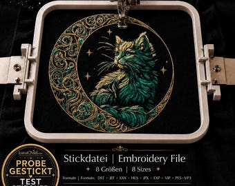 Cat Embroidery Design “Marbel” | Mystical Moon Cat Embroidery for Dark Fabrics | 8 Sizes | 2 Versions