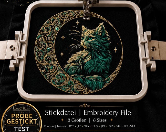 Cat Embroidery Design “Marbel” | Mystical Moon Cat Embroidery for Dark Fabrics | 8 Sizes | 2 Versions