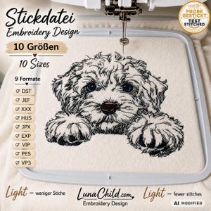 Cockapoo Embroidery Design “Funny” | Realistic LIGHT Dog Design for Light Fabrics | 10 Sizes | 2 Versions