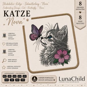 Katzen Stickdatei Nova – Katze mit Schmetterling Stickmuster – Realistische Katzen Stickdatei – 8 Größen – LunaChild