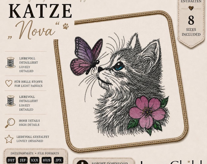 Cat Portrait Embroidery Design Nova – Cat with Butterfly Embroidery File – Realistic Cat Design – 8 Sizes – LunaChild