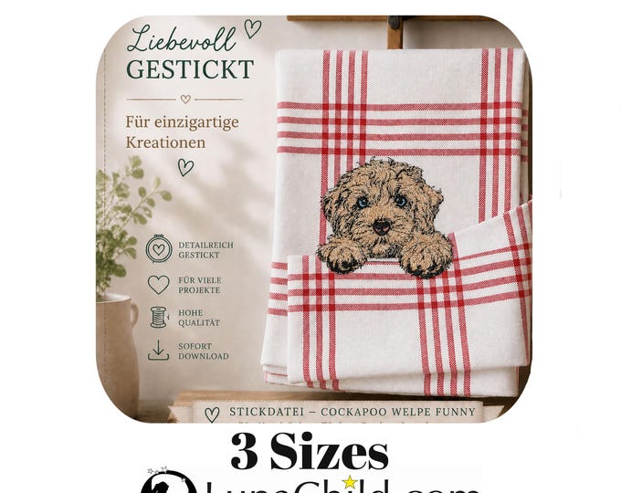 Stickdatei ITH - Vollstick - Cockapoo Welpe "Funny" - Für helle & dunkle Stoffe - 3 Größen - Hund - LunaChild - Geschirrtuch - Handtuch