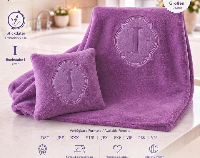 Embossed Embroidery File Letter „I“ • Monogram Towel Design • Bath Font 10 Sizes • LunaChild