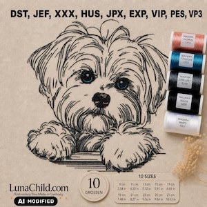 Könnte beinhalten: Ein Stickmuster mit einer Strichzeichnung eines flauschigen Hundes mit blauen Augen. Das Bild enthält Text mit den Dateiformaten DST, JEF, XXX, HUS, JPX, EXP, VIP, PES, VP3, fünf Madeira-Garnrollen und eine Größentabelle von 9 bis 27 cm.