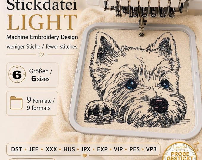 Westie Embroidery Design “Joda” | Realistic West Highland Terrier LIGHT for Light Fabrics | 6 Sizes | 2 Versions