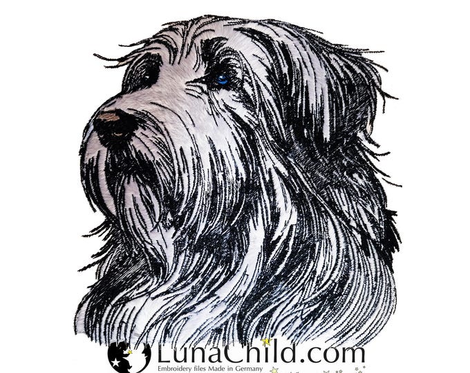 NEU Stickdatei Applikation Bearded Collie "Mike" Hund realistisch für dunkle Stoffe kommerzielle Nutzung LunaChild Appli