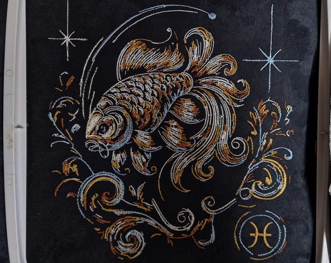 Embroidery design: Pisces zodiac sign, intricately detailed fish, realistic, colorful, with light and shadow, commercial use by LunaChild for dark fabrics