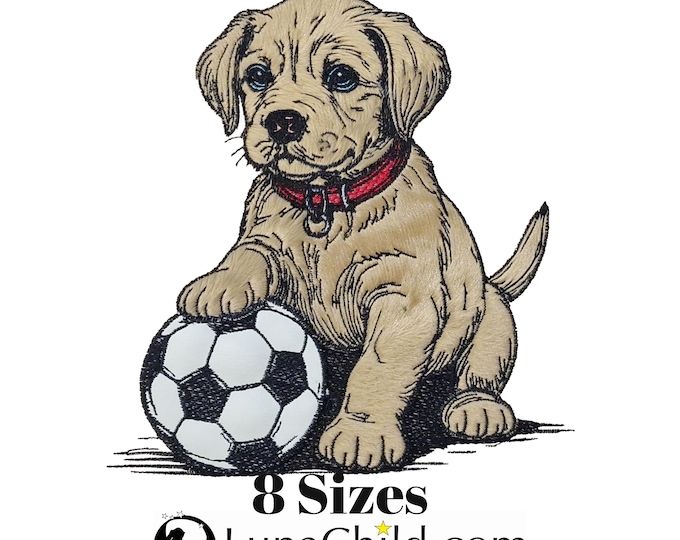Stickdatei - Hund - Applikation Hund "Pille" mit Fußball - in 8 Größen - für helle & dunkle Stoffe - Golden Retriever Welpe - LunaChild