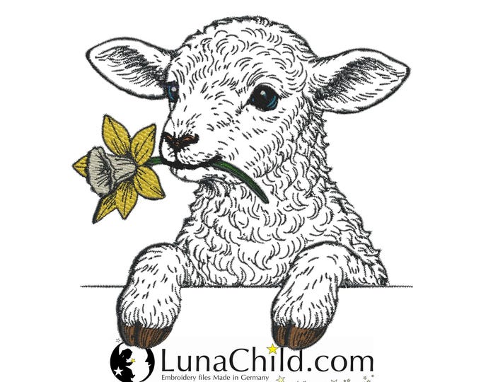 Stickdatei - Lamm mit Narzisse "Marry" - für helle Stoffe - 8 Größen - LunaChild