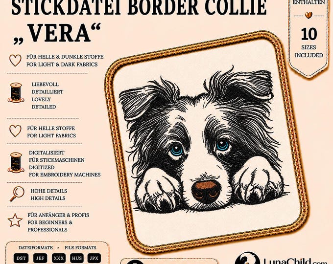 Border Collie Embroidery File "Vera" – Dog Embroidery Design – 10 Sizes