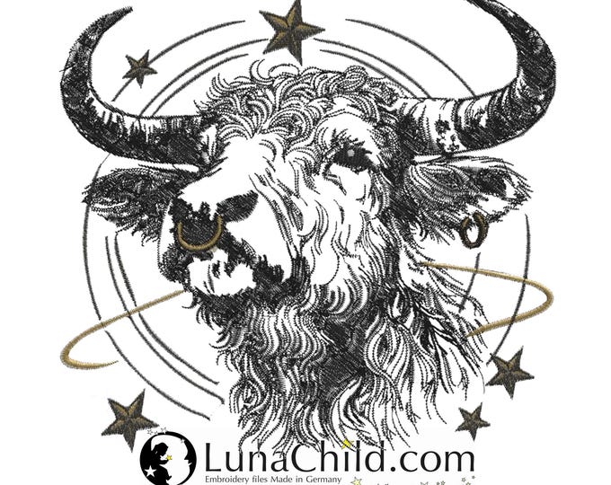 New embroidery file zodiac sign Taurus realistic commercial use LunaChild for light fabrics