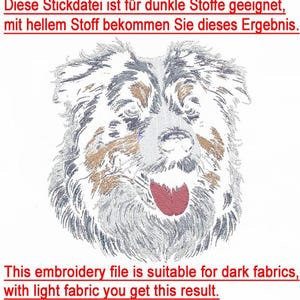Maschinenstickdatei Australian Shepherd im Farb-Invertierungs-Beispiel auf weißem Hintergrund zur optimalen Unterstützung bei der Garnauswahl für alle Stickbegeisterten von LunaChild.com