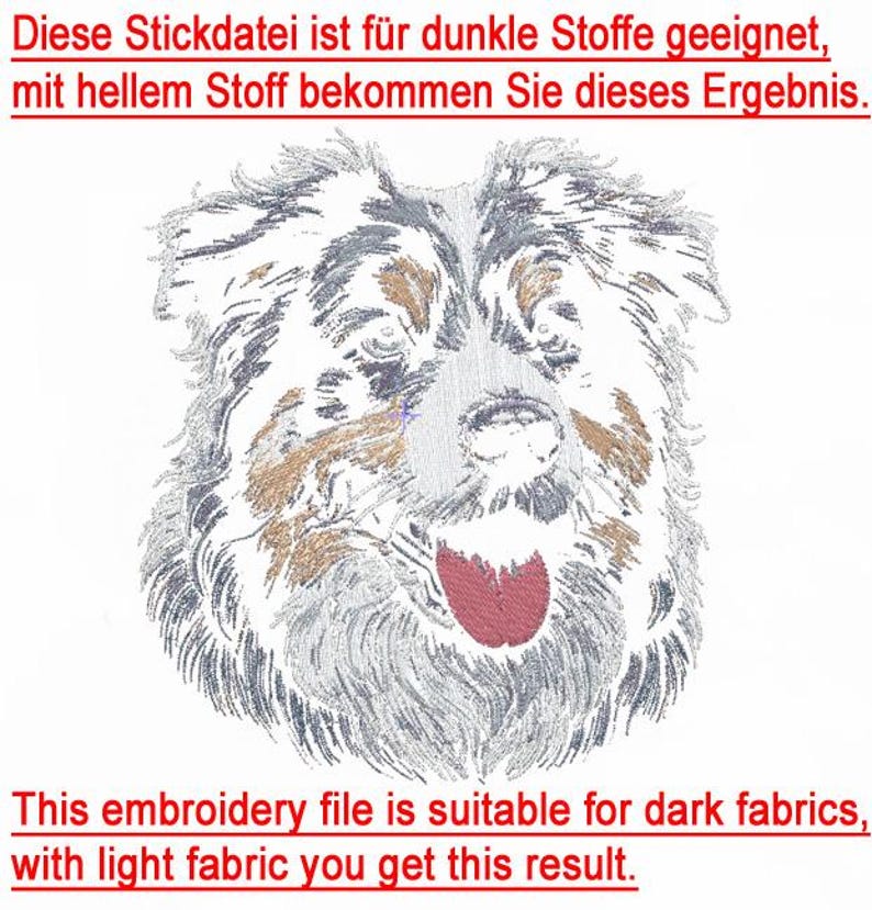 Maschinenstickdatei Australian Shepherd im Farb-Invertierungs-Beispiel auf weißem Hintergrund zur optimalen Unterstützung bei der Garnauswahl für alle Stickbegeisterten von LunaChild.com