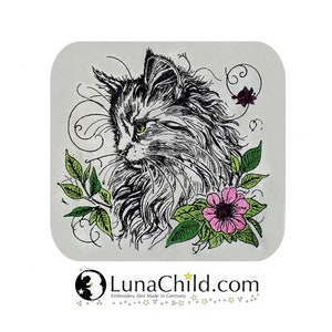 Stickdatei - Katze - Kätzchen Blumen &quot;Molly&quot; Kitten realistisch bunt kommerzielle Nutzung LunaChild für helle Stoffe