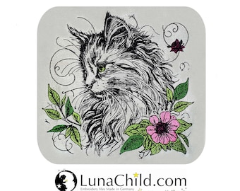 Stickdatei Katze Kätzchen Blumem "Molly" Kitten realistisch bunt kommerzielle Nutzung LunaChild für helle Stoffe