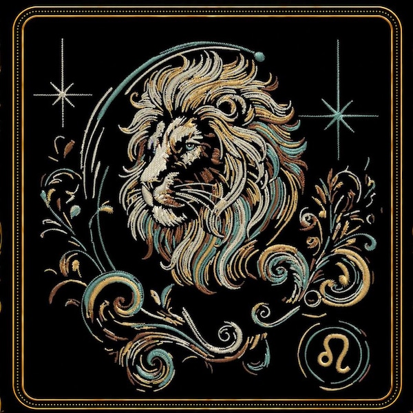 Leo Zodiac Embroidery Design • Mystical Lion Embroidery Pattern • Machine Embroidery File for Dark Fabrics • 4 Sizes •  LunaChild