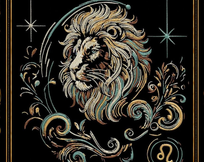 Leo Zodiac Embroidery Design • Mystical Lion Embroidery Pattern • Machine Embroidery File for Dark Fabrics • 4 Sizes •  LunaChild