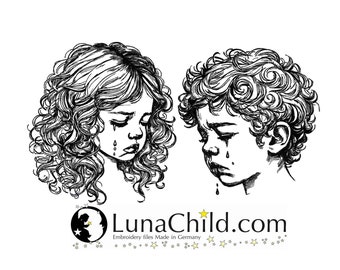 2 Stickdateien im Set weinender Junge "Raffael" & weinendes Mädchen Emilia realistisch kommerzielle Nutzung LunaChild