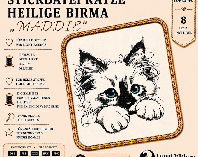 Holy Birman Cat Embroidery Design Maddie - Kitten Embroidery File - Cat Embroidery Design - Machine Embroidery Pattern - 8 Sizes - LunaChild