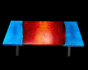 Epoxy Resin River Table - Coffee Table - Curly Maple With Dyed Fire Pattern - Ready To Ship