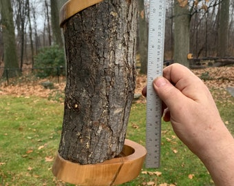 Varnished Log Bird Feeder: Natural Wood, Stainless Steel Hook