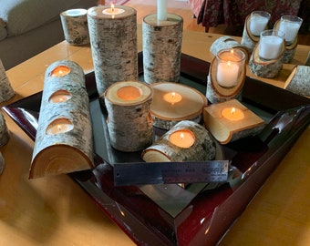 White Birch Log Candle Holder: Rustic Tea Light & Taper Set