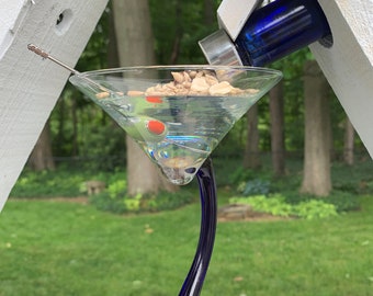 Cobalt Blue Martini Glass Bird Feeder: Sky Blue Vodka Bottle, Solar Light
