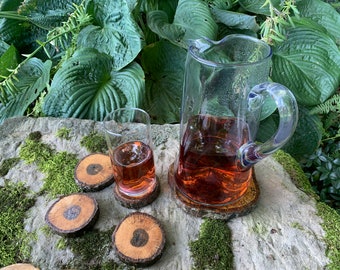 Oak Log Drink Coasters: Natural Wood Coaster Set with Bark