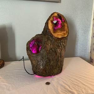 Op de afbeelding: Een houten boomstamlamp met een roze licht dat door het uitgeholde midden schijnt. De boomstam staat op een wit oppervlak.